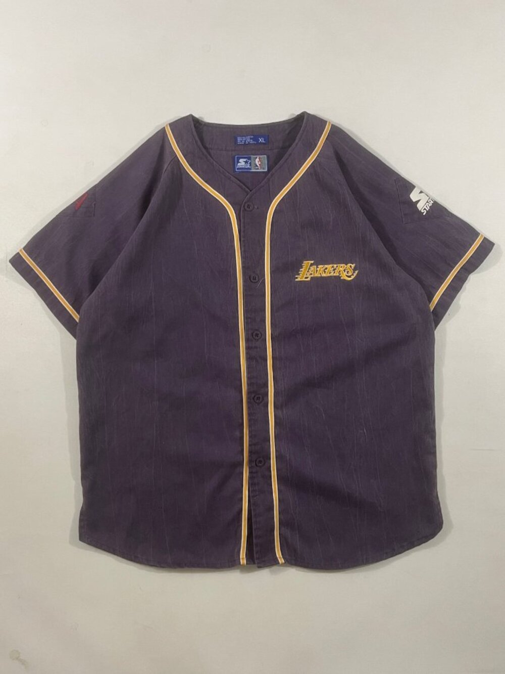 Vintage 90s Starter Los Angeles Lakers Purple Gold Button Up Baseball Jersey XL